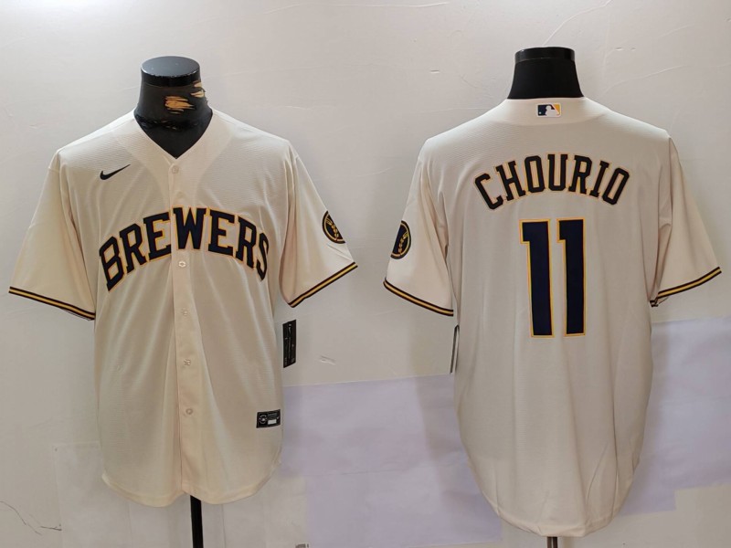 Men Milwaukee Brewers #11 Chourio Cream Game 2024 Nike MLB Jersey style 1